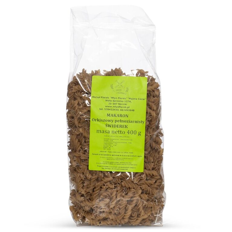 Opakowanie makaronu orkiszowego pełnoziarnistego świderki, 400 g, z zieloną etykietą.