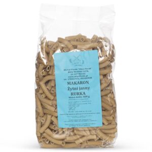 Opakowanie makaronu żytniego jasnego Rurka, 400 g, marki Młyn Florek z etykietą w kolorze niebieskim.