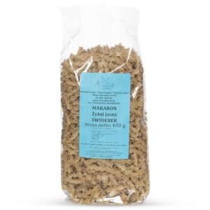 Opakowanie makaronu żytniego świderek 400 g z niebieską etykietą, producent: Młyn Florek.