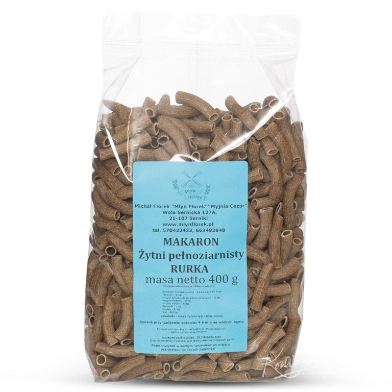 Opakowanie pełnoziarnistego makaronu żytniego rurki od Młyny Florek, 400g, z niebieską etykietą.