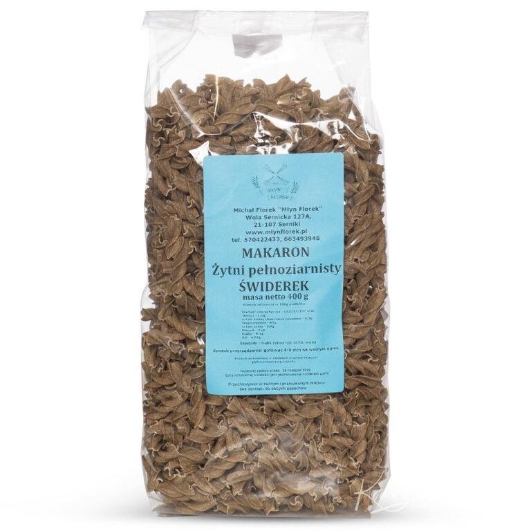 Paczkowany makaron żytni pełnoziarnisty Świderek o masie 400g, Młyn Florek.