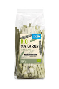 Opakowanie makaronu orkiszowego bio z dodatkiem szpinaku, 250g, produkt ekologiczny.