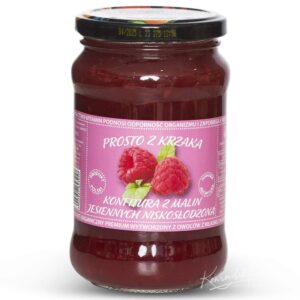 Słoik niskosłodzonej konfitury z malin jesiennych Prosto z krzaka, 400g. Produkt organiczny z polskich owoców.
