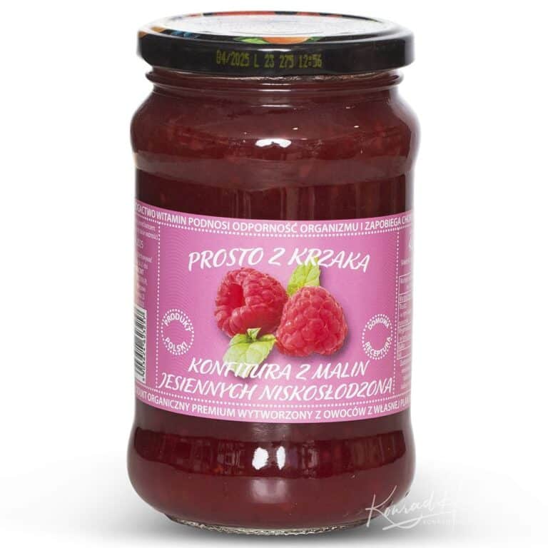 Słoik niskosłodzonej konfitury z malin jesiennych Prosto z krzaka, 400g. Produkt organiczny z polskich owoców.
