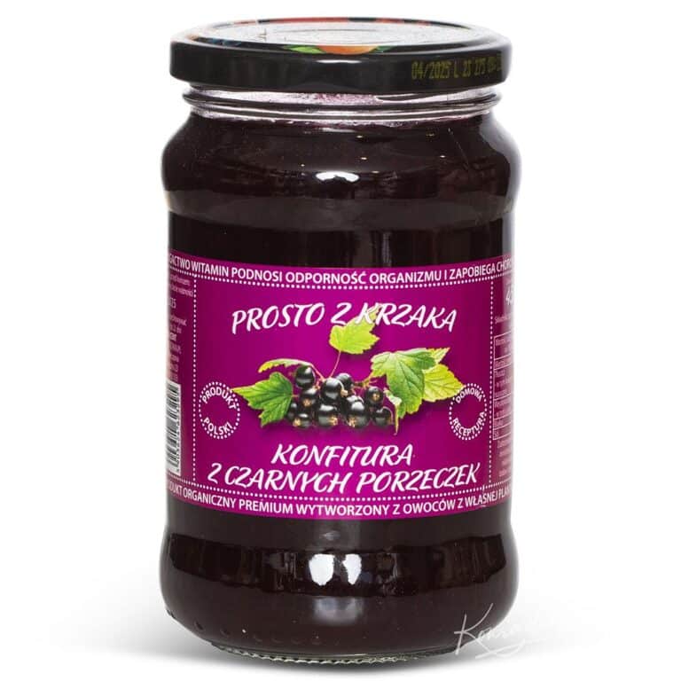 Słoik konfitury z czarnych porzeczek z etykietą Prosto z krzaka. Produkt naturalny z Polski.