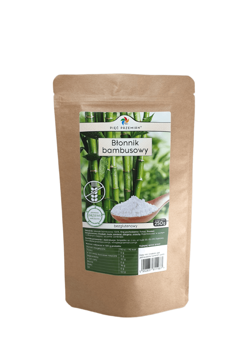 Opakowanie błonnika bambusowego 250g bezglutenowego, marki Pięć Przemian, na białym tle.