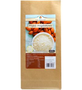 Opakowanie mąki migdałowej Pięć Przemian 1000g, hiszpańskie migdały, etykieta ze składem i wartościami odżywczymi.
