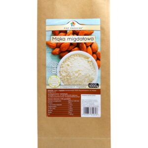 Opakowanie mąki migdałowej Pięć Przemian 1000g, hiszpańskie migdały, etykieta ze składem i wartościami odżywczymi.