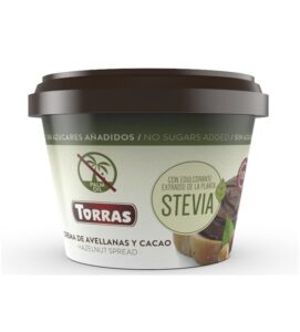 Opakowanie kremu orzechowego bez cukru Torras ze stewią, bez oleju palmowego, widok z przodu.