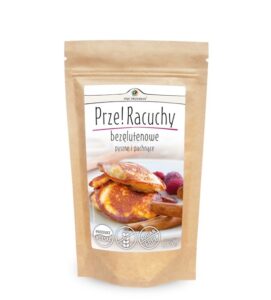 Opakowanie bezglutenowych racuchów Prze!Racuchy z malinami i cynamonem, produkt polski, bez cukru.