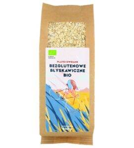 Bezglutenowe płatki owsiane BIO w papierowym opakowaniu z kolorową etykietą, 500 g.