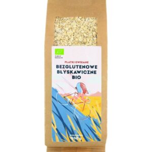 Bezglutenowe płatki owsiane BIO w papierowym opakowaniu z kolorową etykietą, 500 g.
