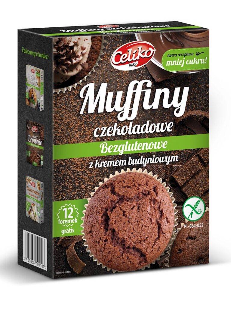 Opakowanie bezglutenowych muffinów czekoladowych Celiko z kremem budyniowym, gratis 12 foremek.