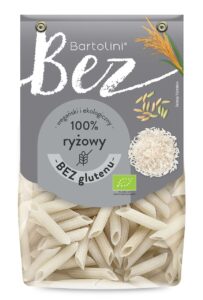 Opakowanie makaronu ryżowego bez glutenu, 100% ekologiczny, marki Bartolini. Wegański produkt z certyfikatem UE.