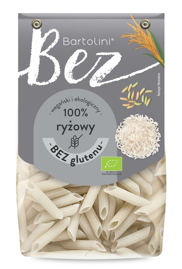 Opakowanie makaronu ryżowego bez glutenu, 100% ekologiczny, marki Bartolini. Wegański produkt z certyfikatem UE.