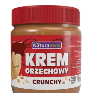 Słoik chrupiącego kremu orzechowego Natura Vena z czerwoną nakrętką, zawiera źródło błonnika i białka.