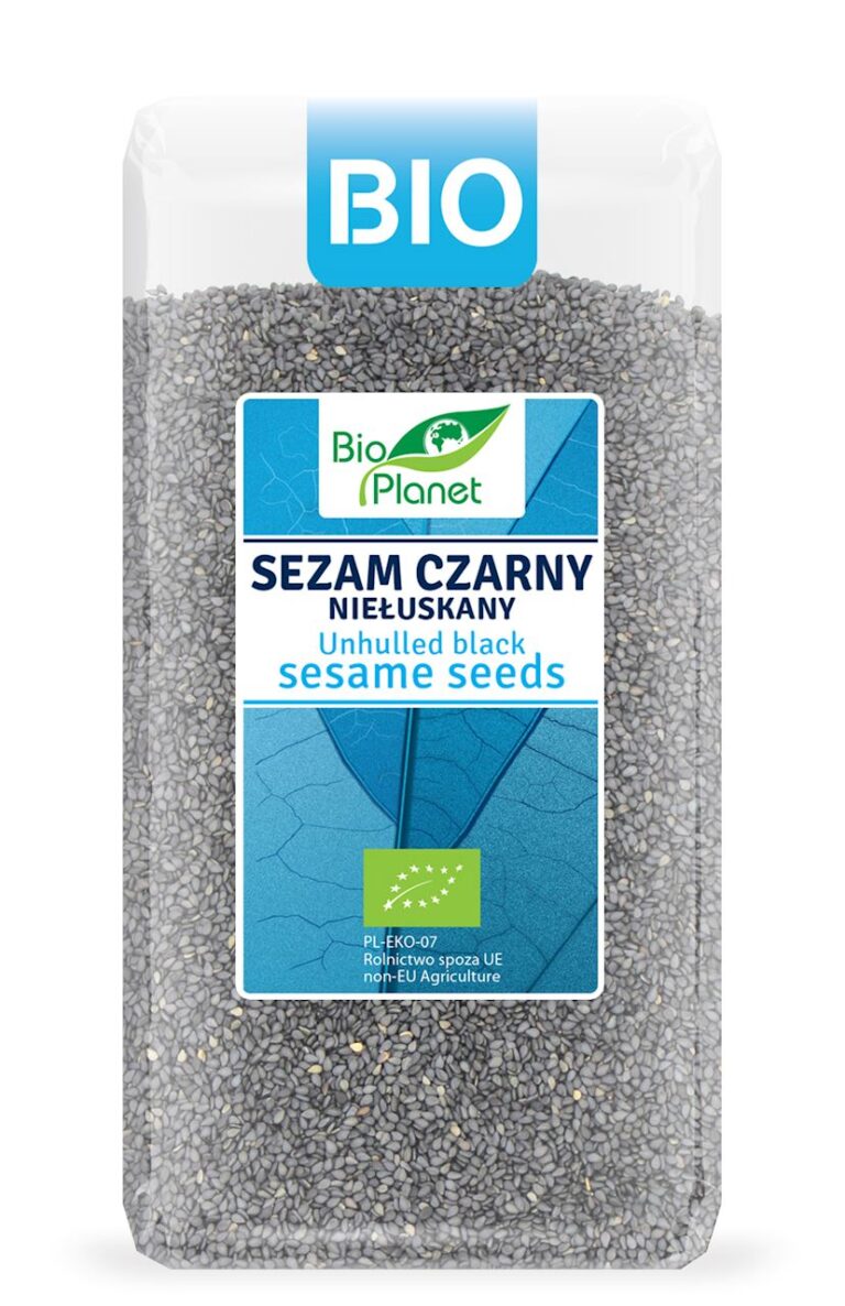 Opakowanie ekologicznego sezamu czarnego Bio Planet nietłuskanego, 500g, produkt spoza UE.