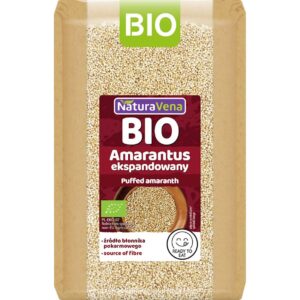 Opakowanie BIO amarantusa ekspandowanego marki NaturaVena, źródło błonnika, gotowe do spożycia.