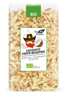 Opakowanie chipsów kokosowych Bio Planet, prażone, produkt ekologiczny, etykieta z motywem kowbojskim.