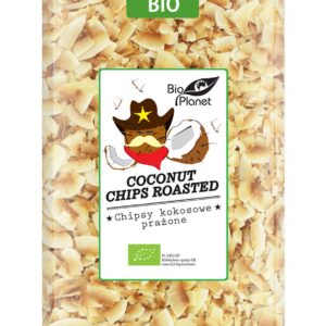 Opakowanie chipsów kokosowych Bio Planet, prażone, produkt ekologiczny, etykieta z motywem kowbojskim.