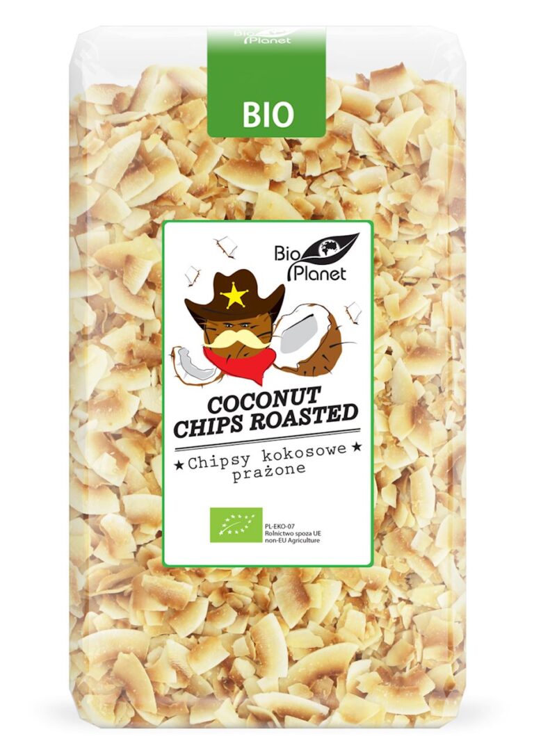 Opakowanie chipsów kokosowych Bio Planet, prażone, produkt ekologiczny, etykieta z motywem kowbojskim.