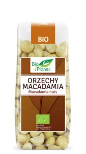 Opakowanie bio orzechów macadamia marki Bio Planet, certyfikat ekologiczny.
