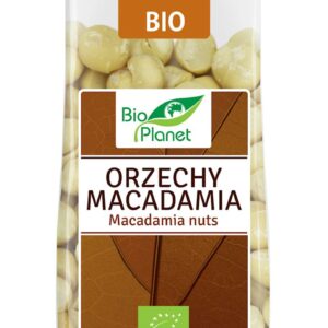 Opakowanie bio orzechów macadamia marki Bio Planet, certyfikat ekologiczny.