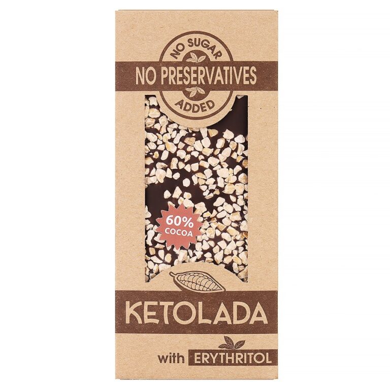 Keto czekolada 60% kakao, bez cukru i konserwantów, z erytrytolem, w brązowym opakowaniu.