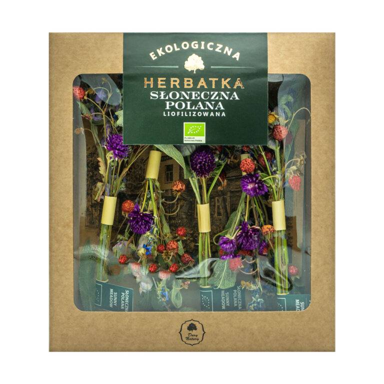 Ekologiczna herbatka liofilizowana Słoneczna Polana w opakowaniu z suchymi kwiatami.