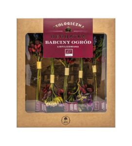 Ekologiczna herbata Babciny Ogród, liofilizowana, w ozdobnym pudełku z motywem kwiatowym.