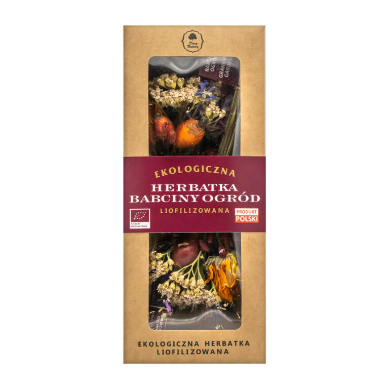 Ekologiczna, liofilizowana herbatka Babcin Ogród w opakowaniu z przezroczystym okienkiem. Produkt polski.