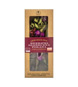 Ekologiczna herbata ziołowa Słoneczna Polana, liofilizowana, produkt polski w kartonowym opakowaniu.