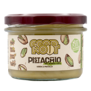 Słoik kremu pistacjowego Good Noot, wegański, bez oleju palmowego i cukru, na jasnym tle.