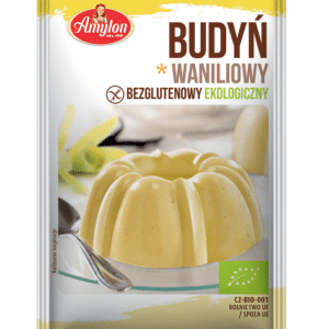 Opakowanie ekologicznego budyniu waniliowego bezglutenowego marki Amylon.