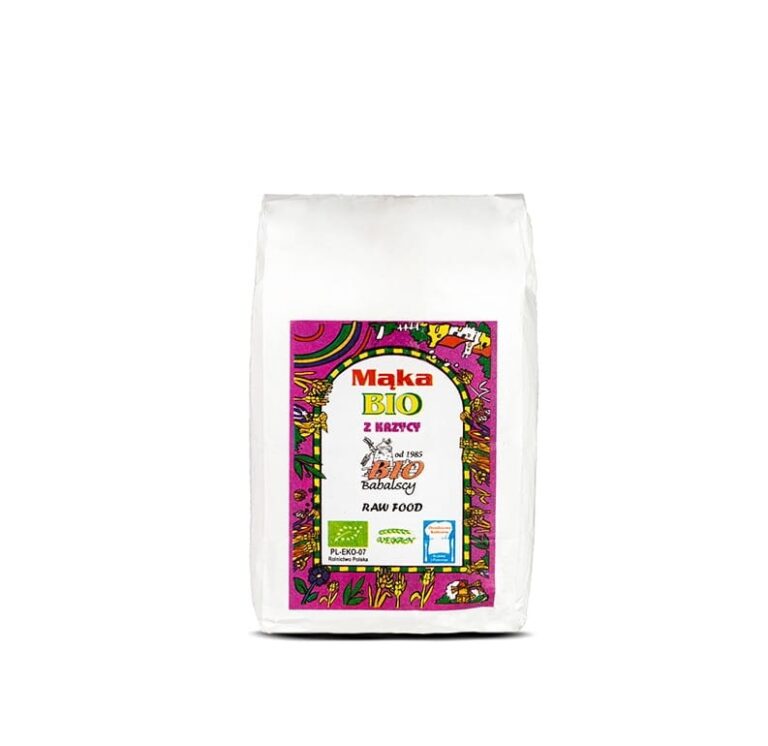 Ekologiczna mąka orkiszowa, opakowanie z kolorową etykietą, Bio Białobrzegi Babalscy.