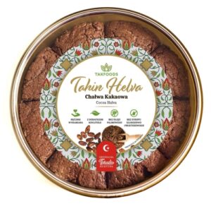 Okrągłe opakowanie kakaowej chałwy Tahin Helva marki Takfoods, ręcznie wytwarzane, bez oleju palmowego.