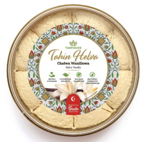 Opakowanie chałwy waniliowej marki Takfoods, ręcznie wyrabiana, bez oleju palmowego, oryginalna turecka receptura.
