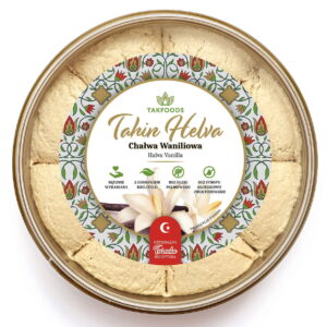 Opakowanie chałwy waniliowej marki Takfoods, ręcznie wyrabiana, bez oleju palmowego, oryginalna turecka receptura.