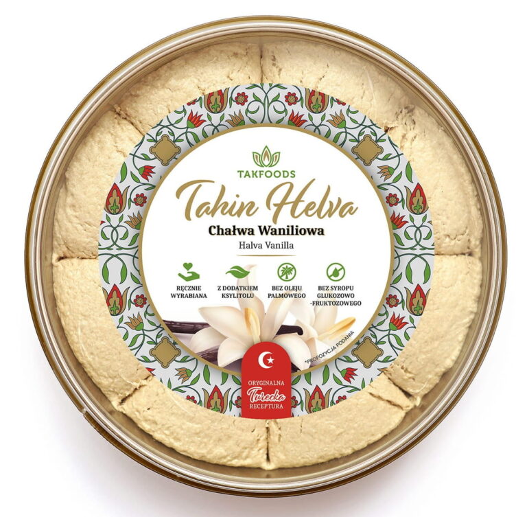 Opakowanie chałwy waniliowej marki Takfoods, ręcznie wyrabiana, bez oleju palmowego, oryginalna turecka receptura.