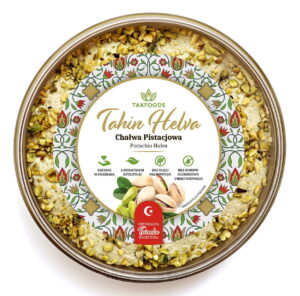 Opakowanie chałwy pistacjowej Takfoods z orzechami, wyrabiana ręcznie, bez oleju palmowego i syropów glukozowych.