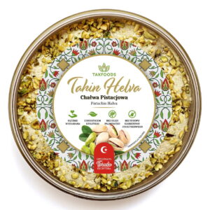 Opakowanie chałwy pistacjowej Takfoods z orzechami, wyrabiana ręcznie, bez oleju palmowego i syropów glukozowych.