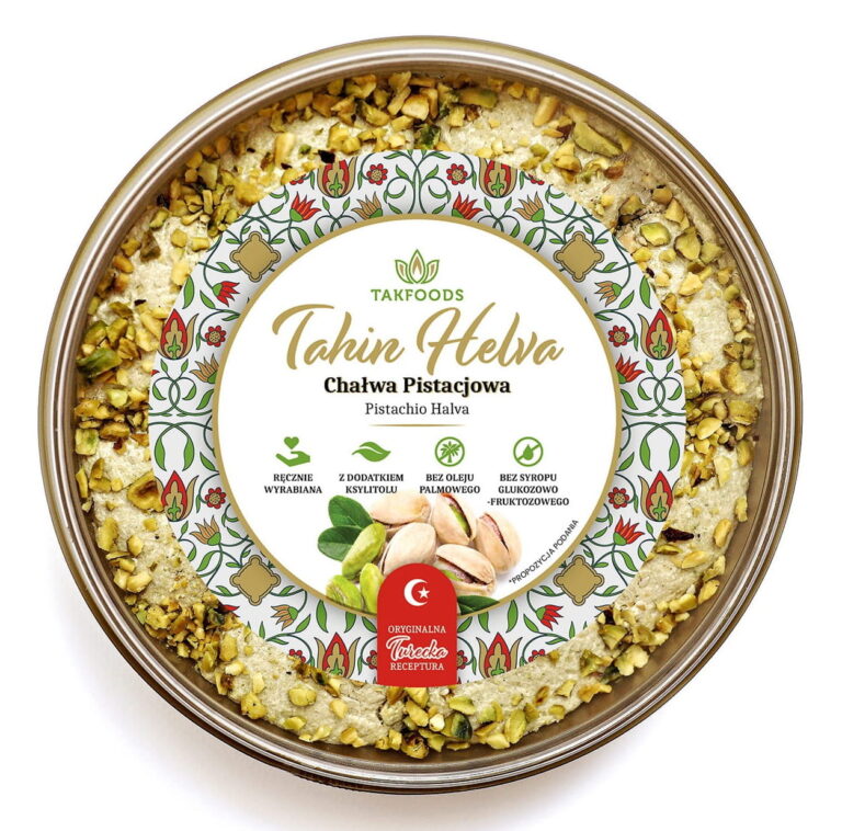 Opakowanie chałwy pistacjowej Takfoods z orzechami, wyrabiana ręcznie, bez oleju palmowego i syropów glukozowych.