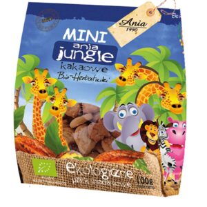 Opakowanie ekologicznych płatków śniadaniowych z postaciami zwierząt i tłem dżungli, produkty bio.