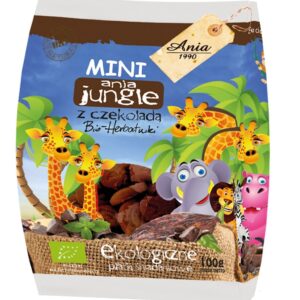 Opakowanie ekologicznych płatków śniadaniowych Mini Anja Jungle z czekoladą, ilustracja zwierząt z dżungli.