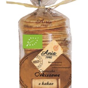 Opakowanie ciastek orkiszowych z kakao marki Ania 1990, bez dodatku cukru i konserwantów, ekologiczne.