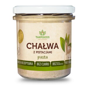 Słoik chałwy pistacjowej Takfoods, bez cukru i oleju palmowego, z prostym składem.
