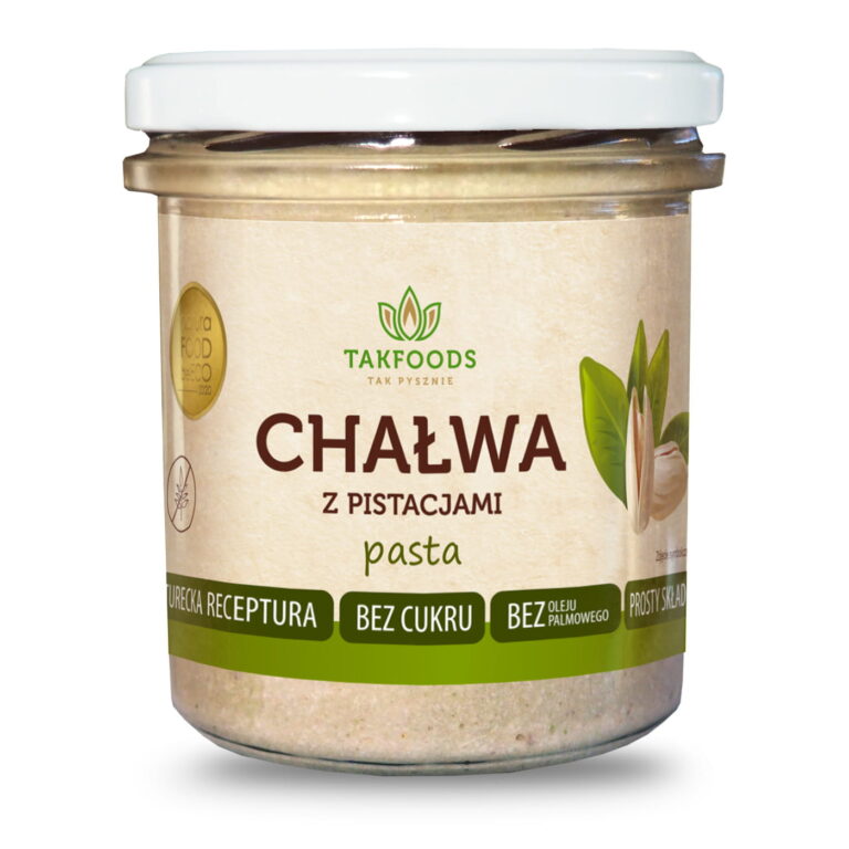 Słoik chałwy pistacjowej Takfoods, bez cukru i oleju palmowego, z prostym składem.