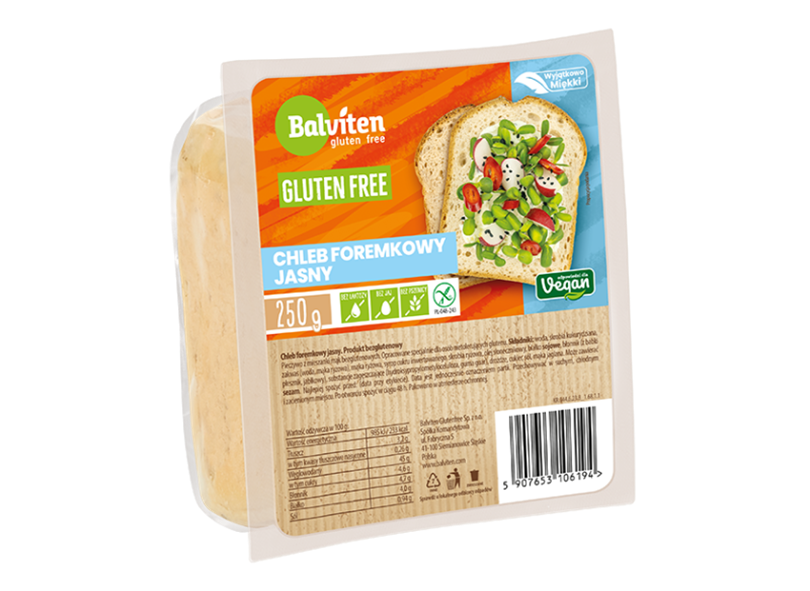 Opakowanie chleba bezglutenowego Balviten, chleb foremowy jasny, 250 g, wegański produkt.