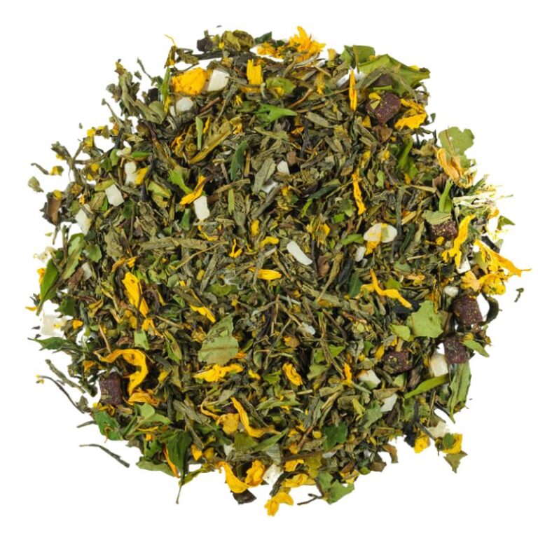 Mieszanka herbaty z suszonymi liśćmi i żółtymi kwiatami. Idealna na relaks i chwilę spokoju.