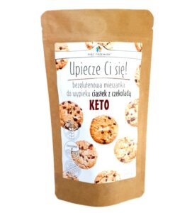 Opakowanie bezglutenowej mieszanki do wypieku ciastek czekoladowych KETO marki Pięć Przemian.